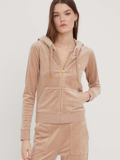 Juicy Couture bluza welurowa kolor beżowy z kapturem gładka
