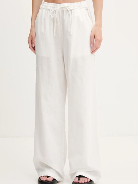 Tommy Jeans spodnie z domieszką lnu damskie kolor beżowy szerokie high waist DW0DW20352 - zdjęcie produktu nr 1