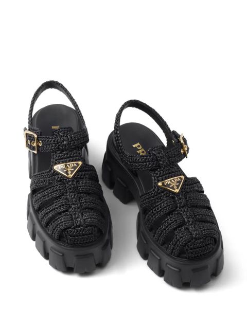Prada caged flatform raffia sandals - Black