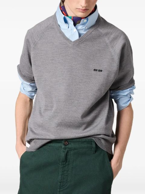 Miu Miu V-neck intarsia-logo T-shirt - Grey