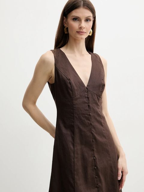 Bardot sukienka lniana CORDELIA kolor brązowy midi rozkloszowana 59808DB