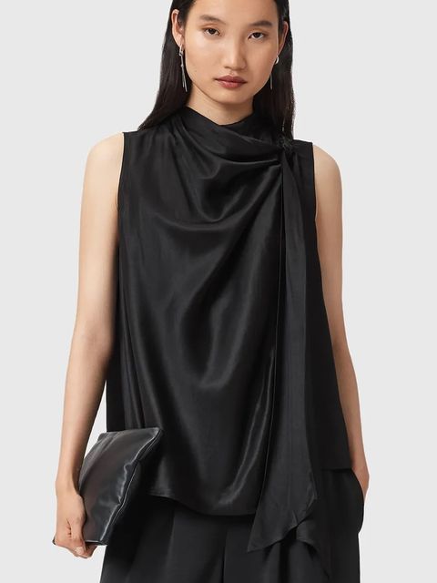 AllSaints bluzka z dodatkiem jedwabiu HERELA damska kolor czarny gładka W011PD