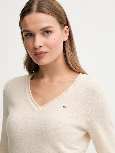 Tommy Hilfiger sweter wełniany damski kolor beżowy lekki WW0WW43505 - zdjęcie produktu nr 2