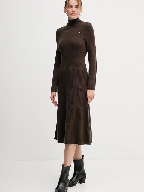 Tommy Hilfiger sukienka wełniana kolor brązowy midi rozkloszowana WW0WW47303