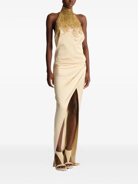 Balmain halterneck embroidered silk maxi dress - Neutrals