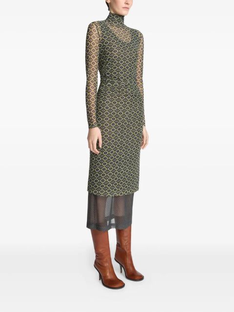 DRIES VAN NOTEN printed mesh turtleneck dress - Green