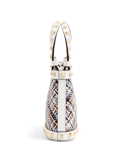 Valentino Garavani Rockstud mini shopping bag in woven fabric - White