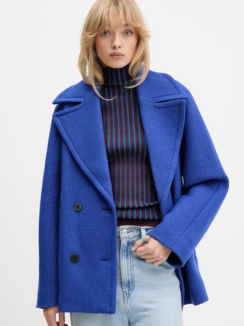 Desigual płaszcz z dodatkiem wełny SHORTCOLOR kolor niebieski 25WWEW11