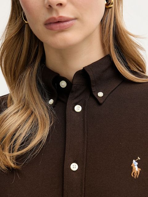 Polo Ralph Lauren koszula bawełniana damska kolor brązowy regular z kołnierzykiem klasycznym 211924258