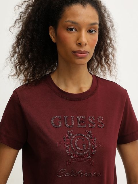 Guess t-shirt bawełniany MENA damski kolor bordowy V5BI07 K8FQ4