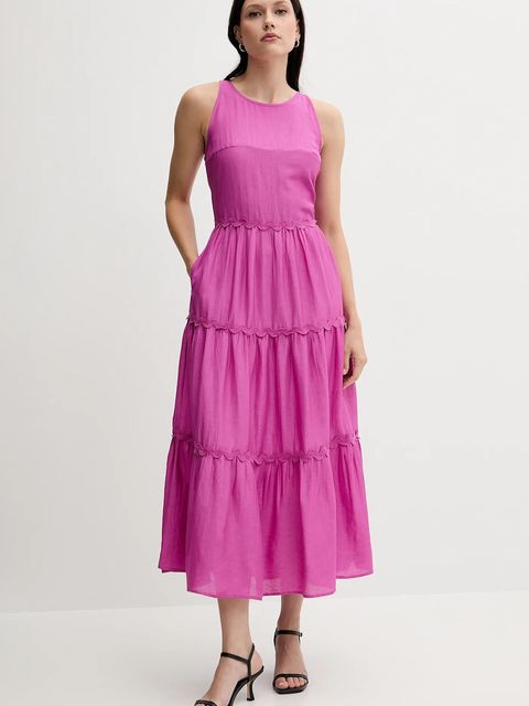 Pedro del Hierro sukienka z domieszką lnu kolor różowy maxi rozkloszowana 3819824