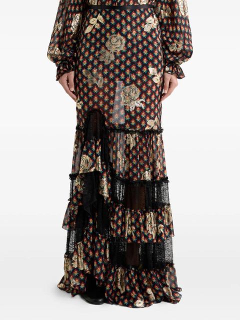 ETRO roses-pattern lace asymmetric skirt - Black
