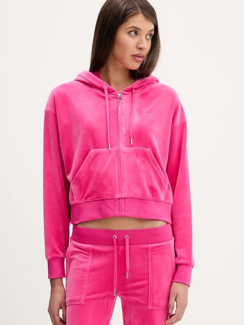 Juicy Couture bluza welurowa BRENDAL CROP OVERSIZED HOODIE damska kolor różowy z kapturem gładka JCBAS225801 - zdjęcie produktu nr 1