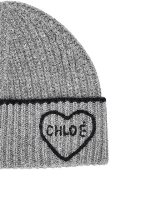 Chloé ribbed heart-motif beanie hat - Grey