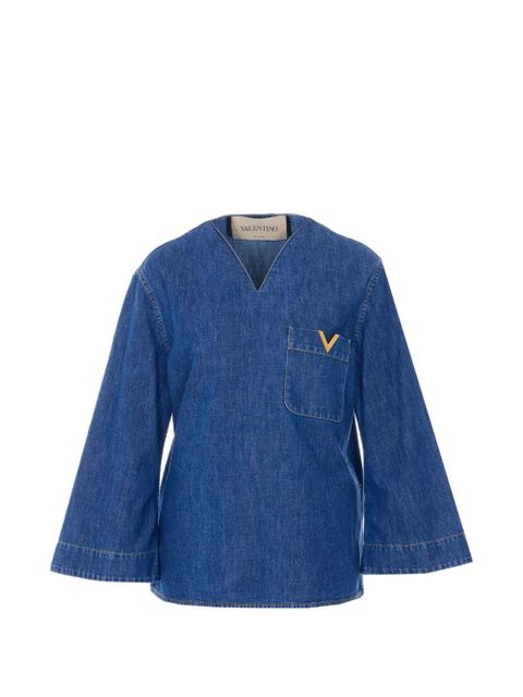 Valentino Garavani V-neck pocket logo-plaque shirt - Blue - zdjęcie produktu nr 1
