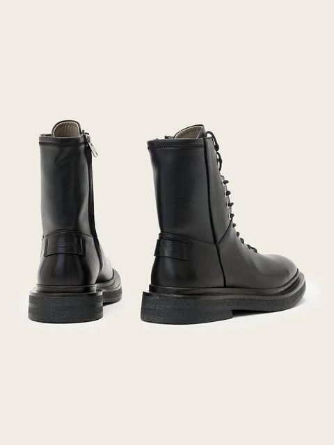 AllSaints workery skórzane Escher Lace Up Boot damskie kolor czarny na płaskim obcasie W084FD