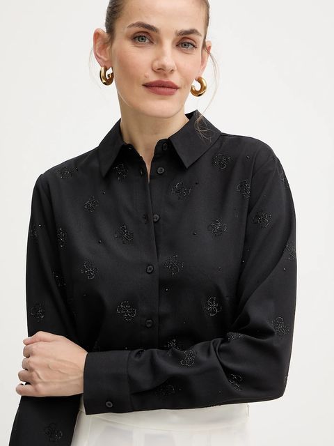 Guess koszula damska kolor czarny regular z kołnierzykiem klasycznym W5BH80 W2982
