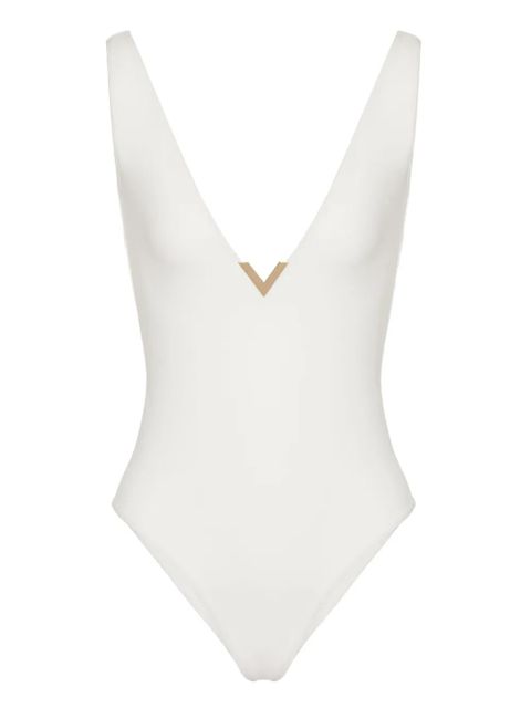 Valentino Garavani logo-plaque V-neck swimsuit - White