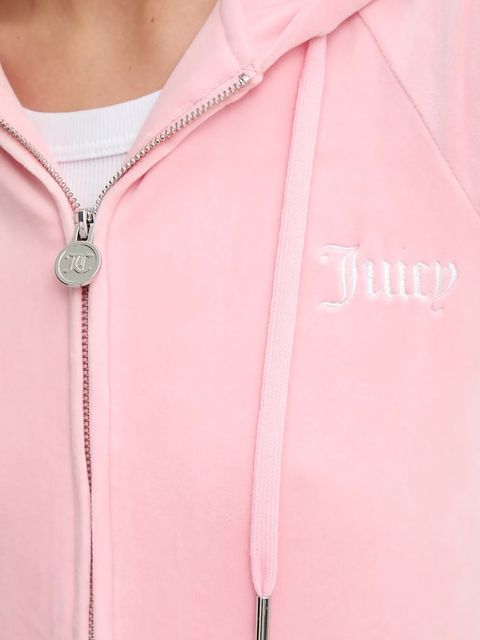 Juicy Couture bluza VELOUR CROPPED STRIPE HOODIE damska kolor różowy z kapturem z aplikacją JCWAS225351