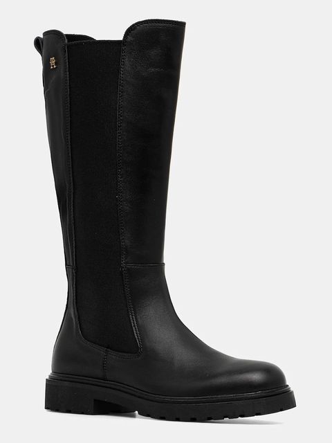 Tommy Hilfiger kozaki skórzane TH LTHR CLEATED LONG BOOT damskie kolor czarny na płaskim obcasie FW0FW08985 - zdjęcie produktu nr 1