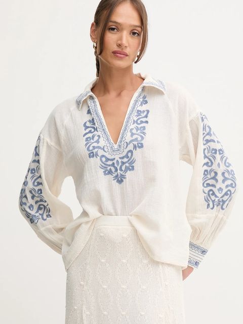 Hoss Intropia bluzka z lnem damska kolor beżowy z aplikacją 6282664 - zdjęcie produktu nr 1