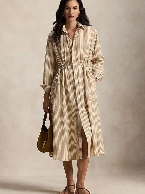 Polo Ralph Lauren sukienka z domieszką lnu kolor brązowy midi rozkloszowana 211A96364 - zdjęcie produktu nr 1