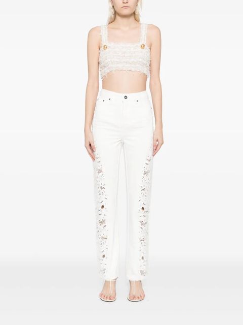 Self-Portrait embroidered cotton jeans - White