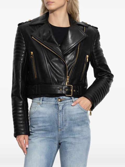 Balmain asymmetrical-zip leather jacket - Black