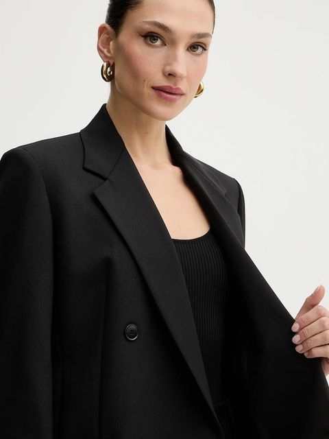 Weekend Max Mara marynarka z dodatkiem wełny VELOCE kolor czarny dwurzędowa gładka 2615041081600