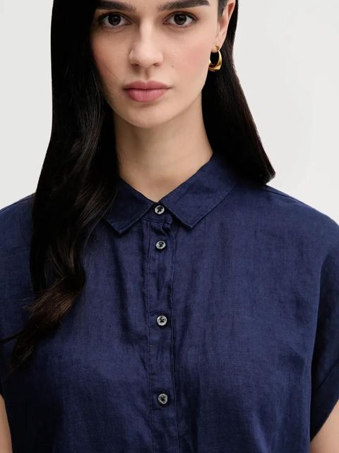 United Colors of Benetton koszula lniana kolor granatowy regular z kołnierzykiem klasycznym