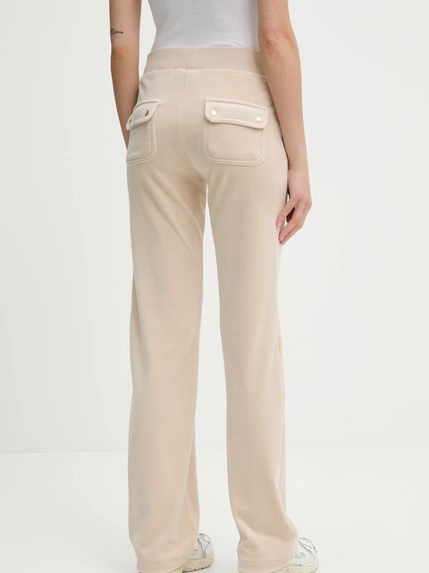 Juicy Couture spodnie dresowe welurowe DEL RAY POCKETED PANT damskie kolor beżowy gładkie JCAP180G
