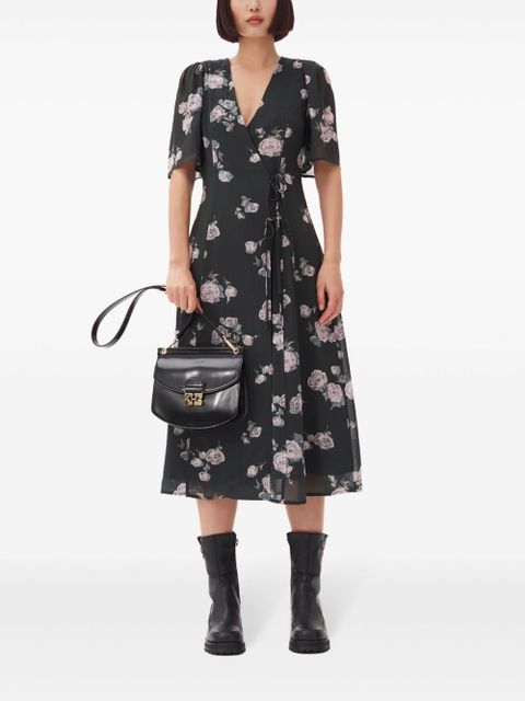 GANNI floral-print crepe wrap midi dress - Black