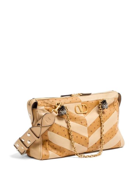 Valentino Garavani Panthea medium shoulder bag in ostrich and nappa leather with a chevron pattern - Neutrals