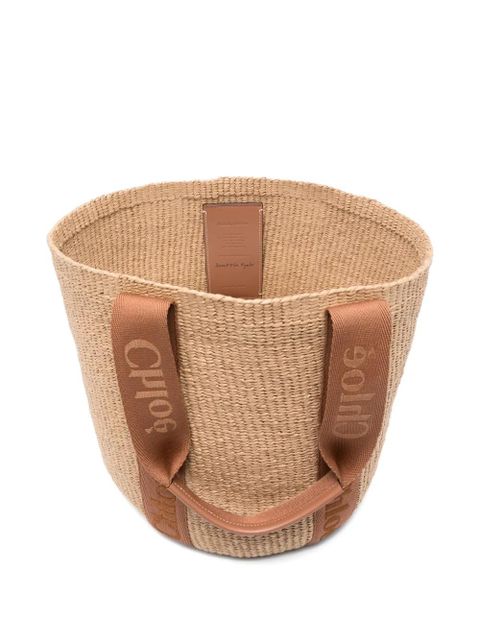 Chloé Large Woody raffia logo tote bag - Neutrals