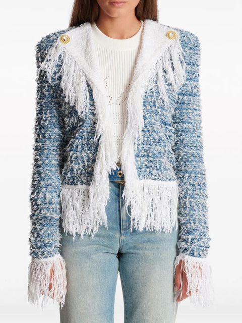 Balmain fringed denim tweed jacket - Blue