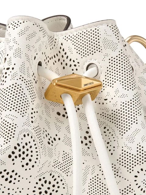 Jimmy Choo small Cinch perforated-lace drawstring shoulder bag - White