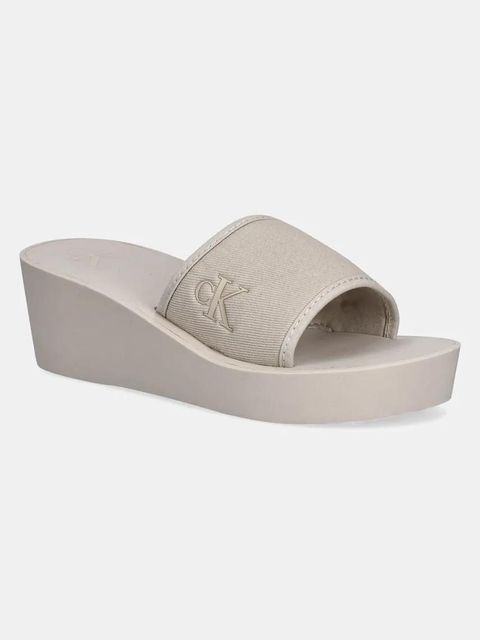 Calvin Klein Jeans klapki BEACH WEDGE SLIDE CANVAS damskie kolor beżowy na koturnie YW0YW01725 - zdjęcie produktu nr 1