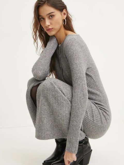 Abercrombie & Fitch sukienka wełniana kolor szary maxi dopasowana KI159-5053