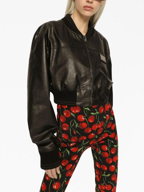 Dolce & Gabbana logo-plaque cropped leather jacket - Black