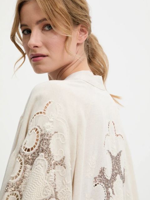 Answear.LAB marynarka z lnem kolor beżowy oversize wzorzysta