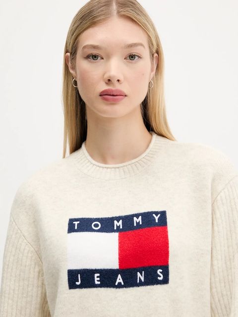 Tommy Jeans sweter z dodatkiem wełny damski kolor beżowy lekki DW0DW21782
