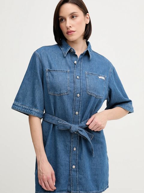 Calvin Klein Jeans sukienka z domieszką lnu kolor niebieski mini prosta J20J225169 - zdjęcie produktu nr 1