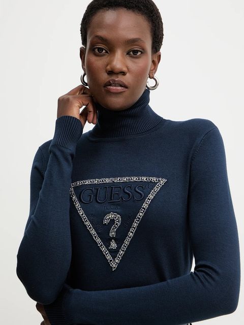 Guess sweter MELANIE damski kolor granatowy lekki z golfem W5BR39 Z2NQ2