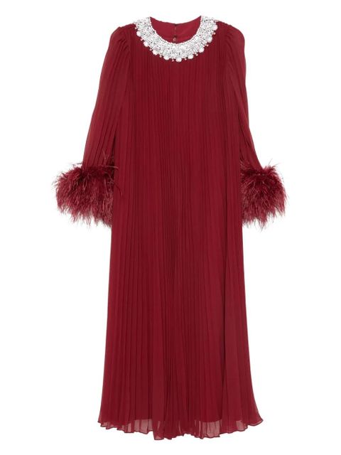 Self-Portrait feather-trimmed chiffon midi dress - Red - zdjęcie produktu nr 1