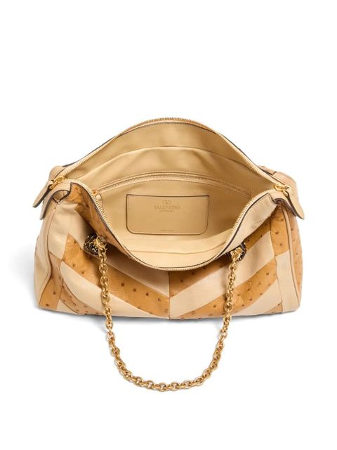 Valentino Garavani Panthea medium shoulder bag in ostrich and nappa leather with a chevron pattern - Neutrals