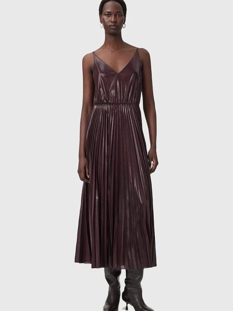 AllSaints sukienka i sweter kolor brązowy midi rozkloszowana W328DB