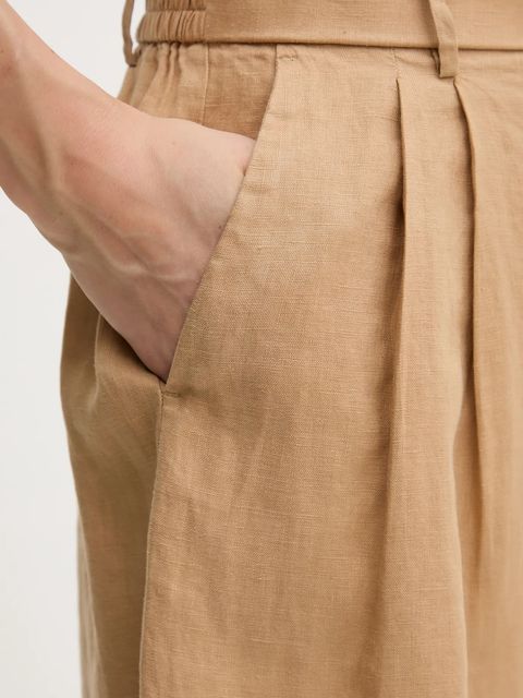 United Colors of Benetton szorty lniane kolor beżowy gładkie high waist 4AGHD901V