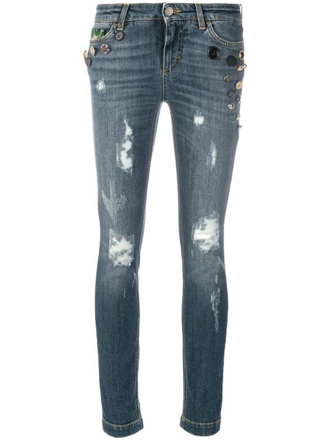 Dolce & Gabbana button embellished and brocade appliqué distressed jeans - Blue - zdjęcie produktu nr 1