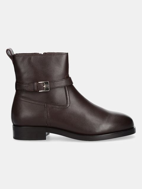 Tommy Hilfiger botki skórzane TH BUCKLE RIDING LEATHER BOOTIE damskie kolor brązowy na płaskim obcasie FW0FW08781
