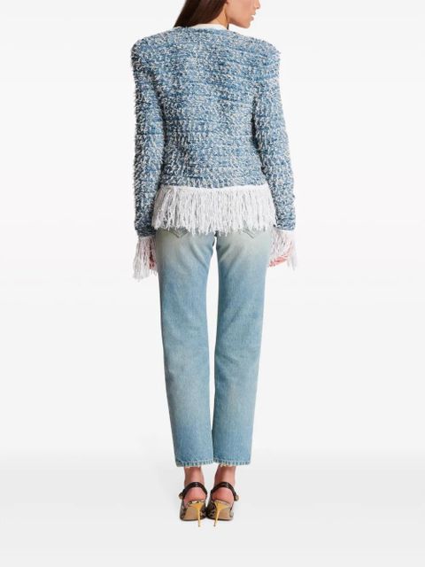 Balmain fringed denim tweed jacket - Blue